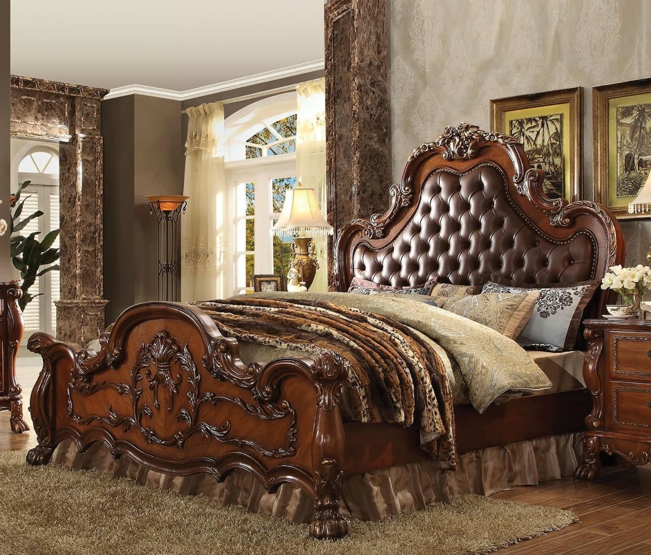 Cherry Oak Perales King Bedroom Set 5 Traditional Carved Wood Queen Bed